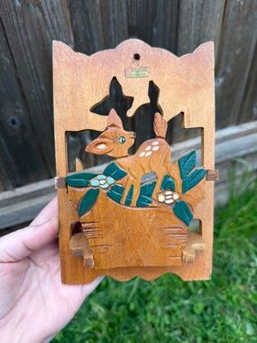 Vintage Brown and Green Carved Wooden Deer Wall Hook